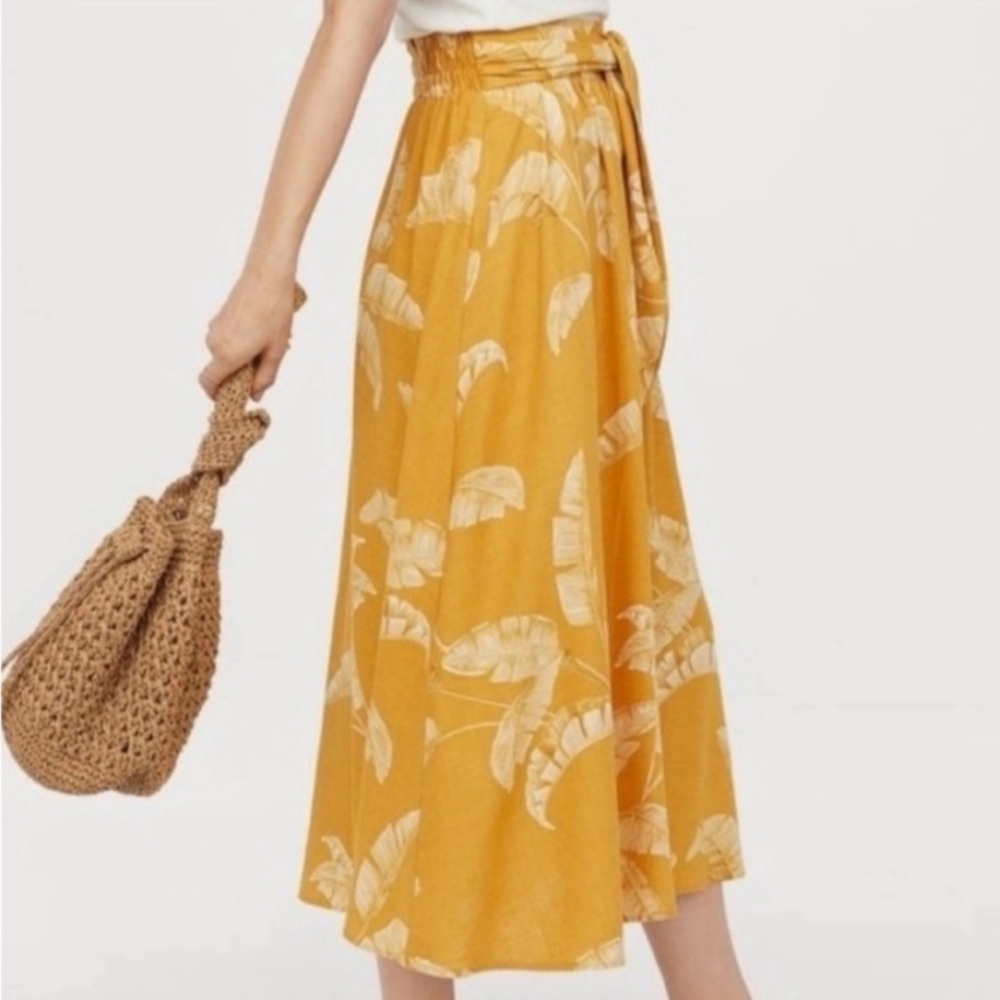 Dark Yellow Linen Blend Leaf Patterned Skirt - image 1